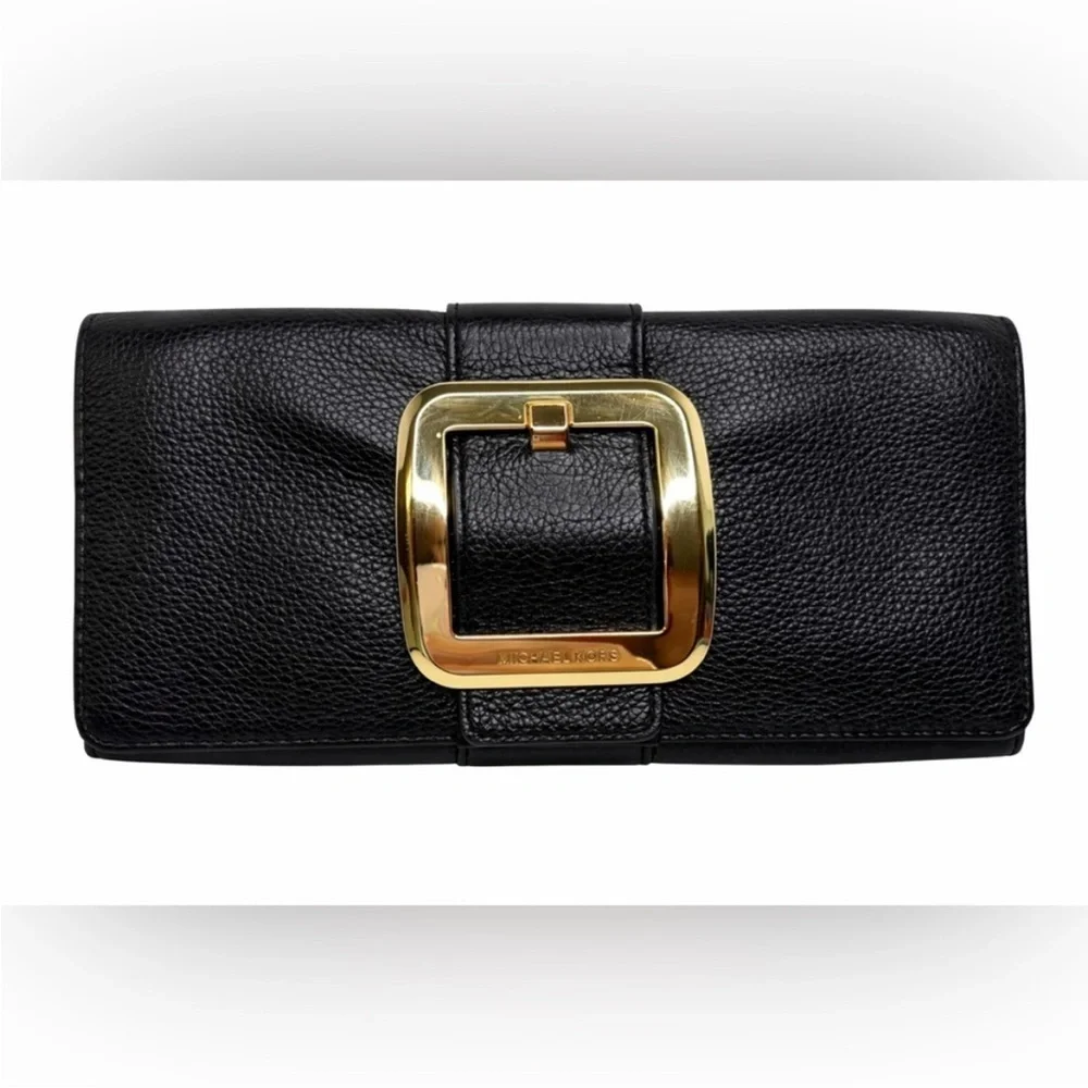 Michael Kors Black Pebbled Leather Large Continental Wallet Gold Buckle Clutch_7